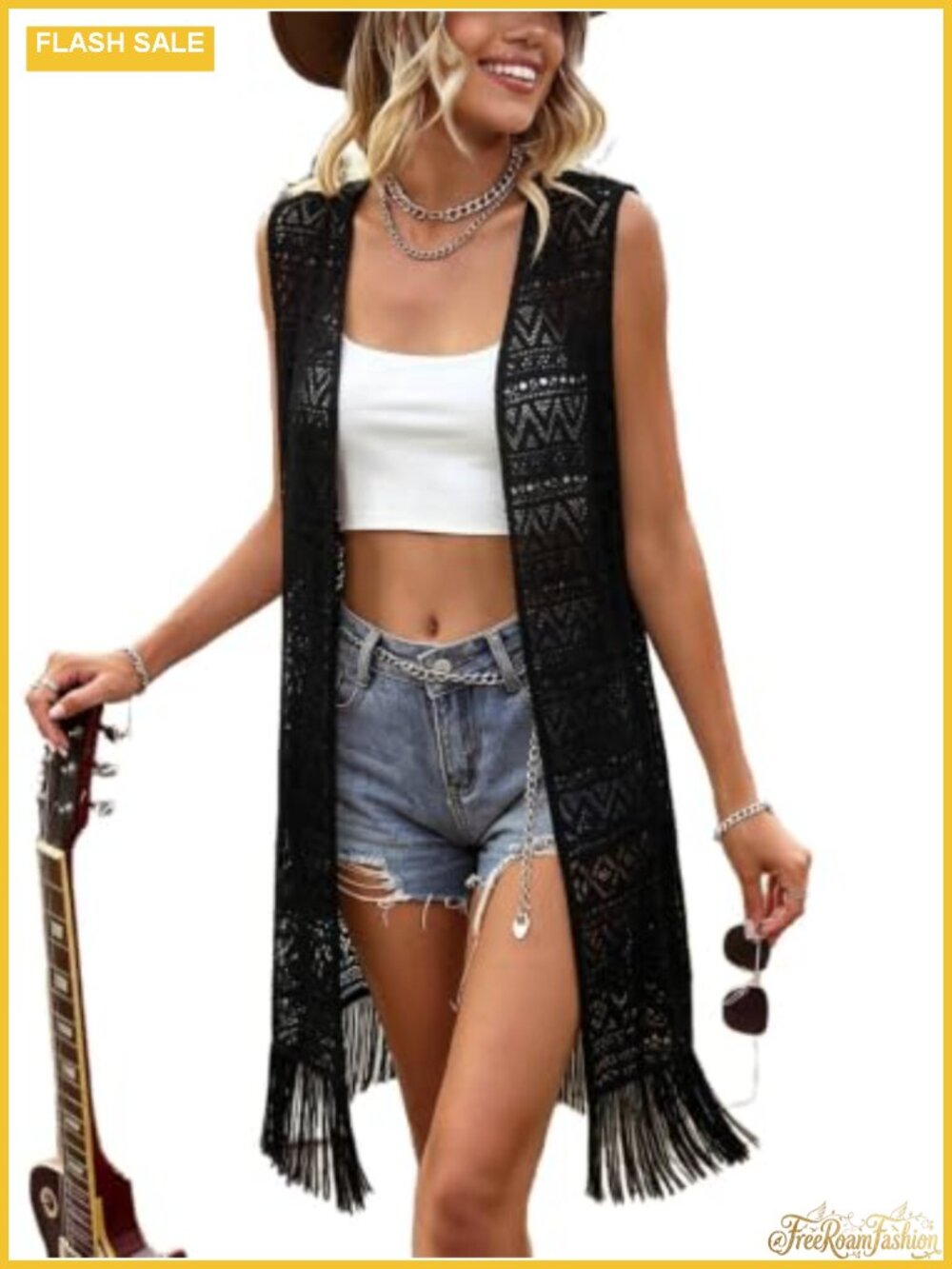 Boho Crochet Fringe Sleeveless Vest Cardigan Open Front Lightweight